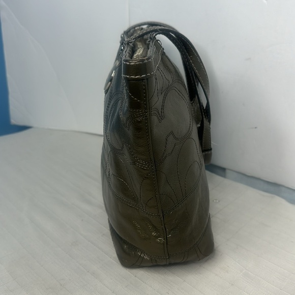 Coach Signature Green Patent Leather Logo Top Handle Zipper Tote Shoulder Bag - Picture 2 of 9